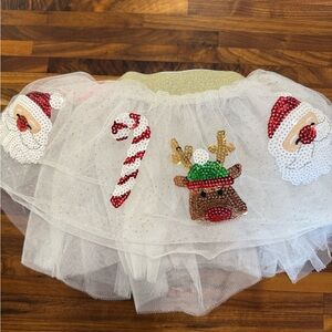 Mud Pie White Sequin Tulle Skirt with Holiday Appliqués